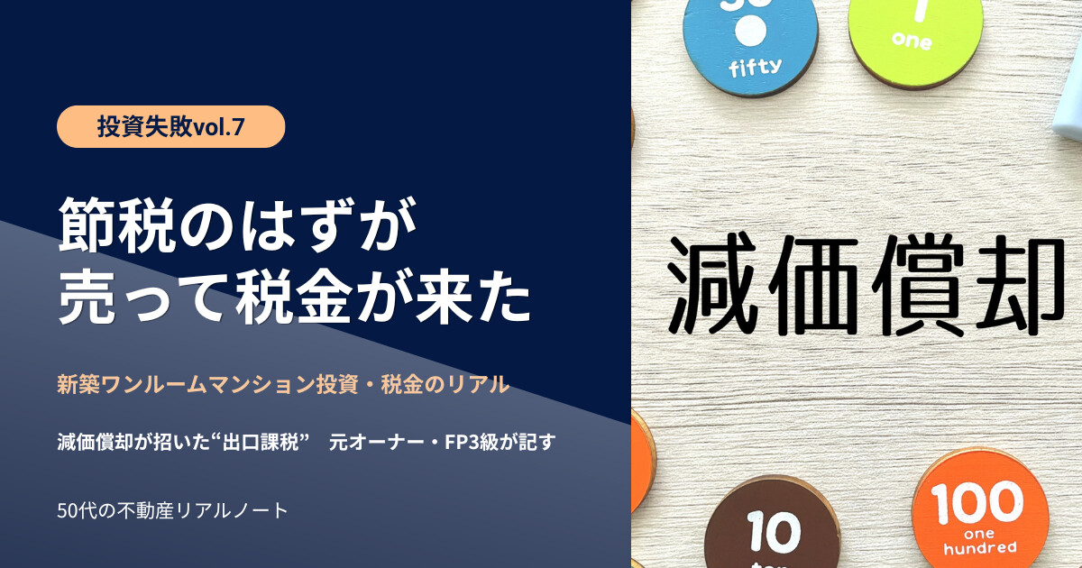 「『節税』のはずが、売って税金が来た」と記した、ワンルームマンション投資失敗シリーズvol.7のアイキャッチ。新築ワンルームマンション投資の減価償却が売却時に譲渡所得税を生む仕組みを、元オーナー・FP3級が解説。